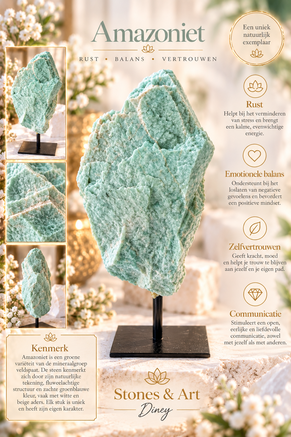 Amazoniet op standaard — een stukje natuur als kunstobject