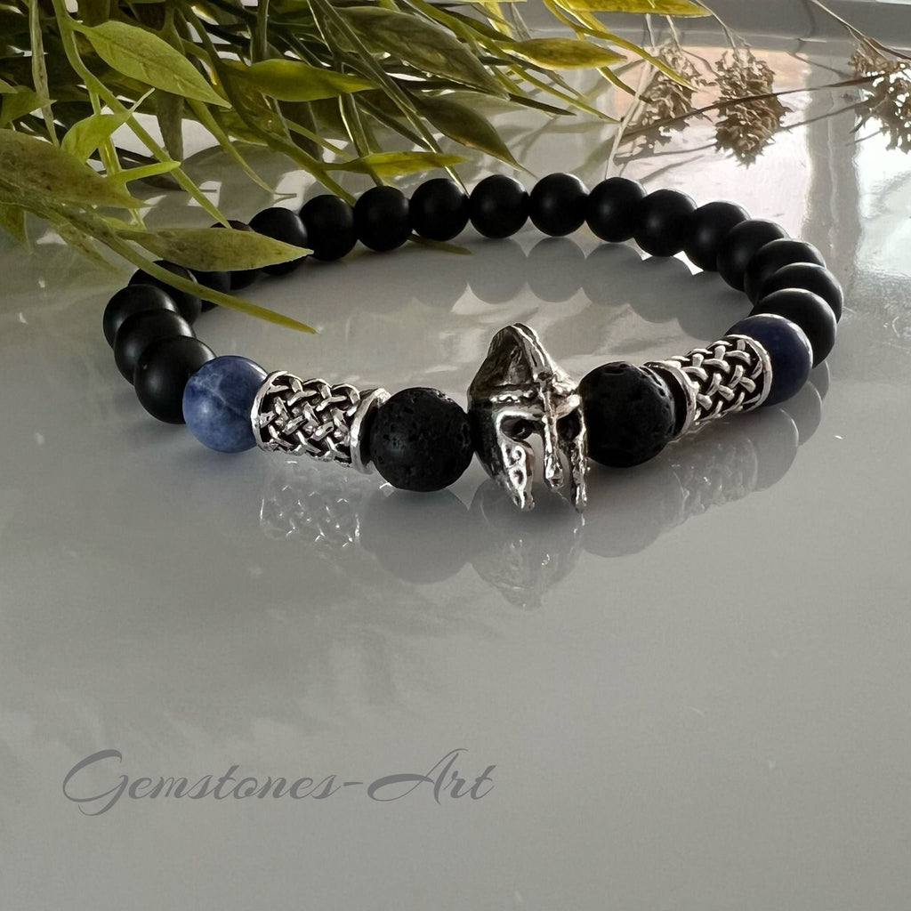 Heren armband - agaat / Sodaliet / stalen tussen beads / Spartaanse helm staal / image 2