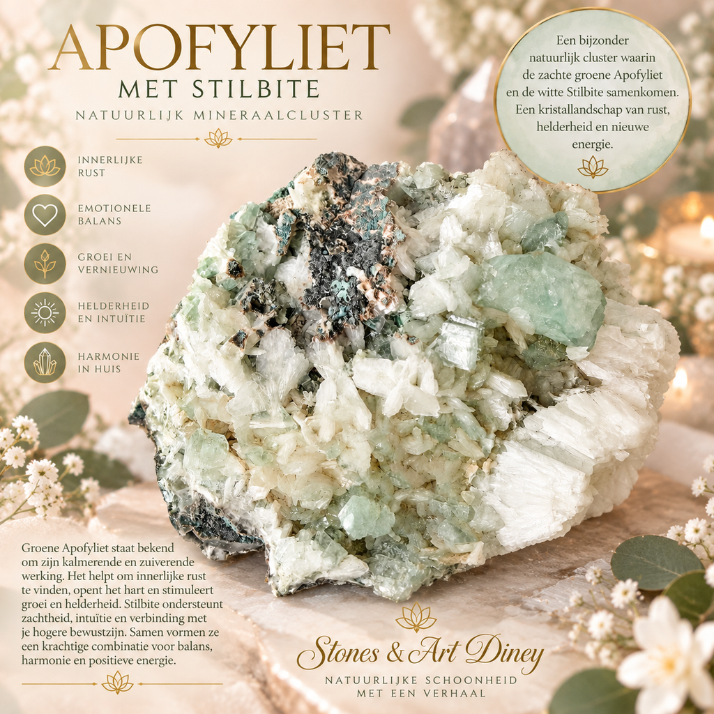 Apofylliet (groene) met Stilbiet en soms Heulandiet (Hieros Gamos)