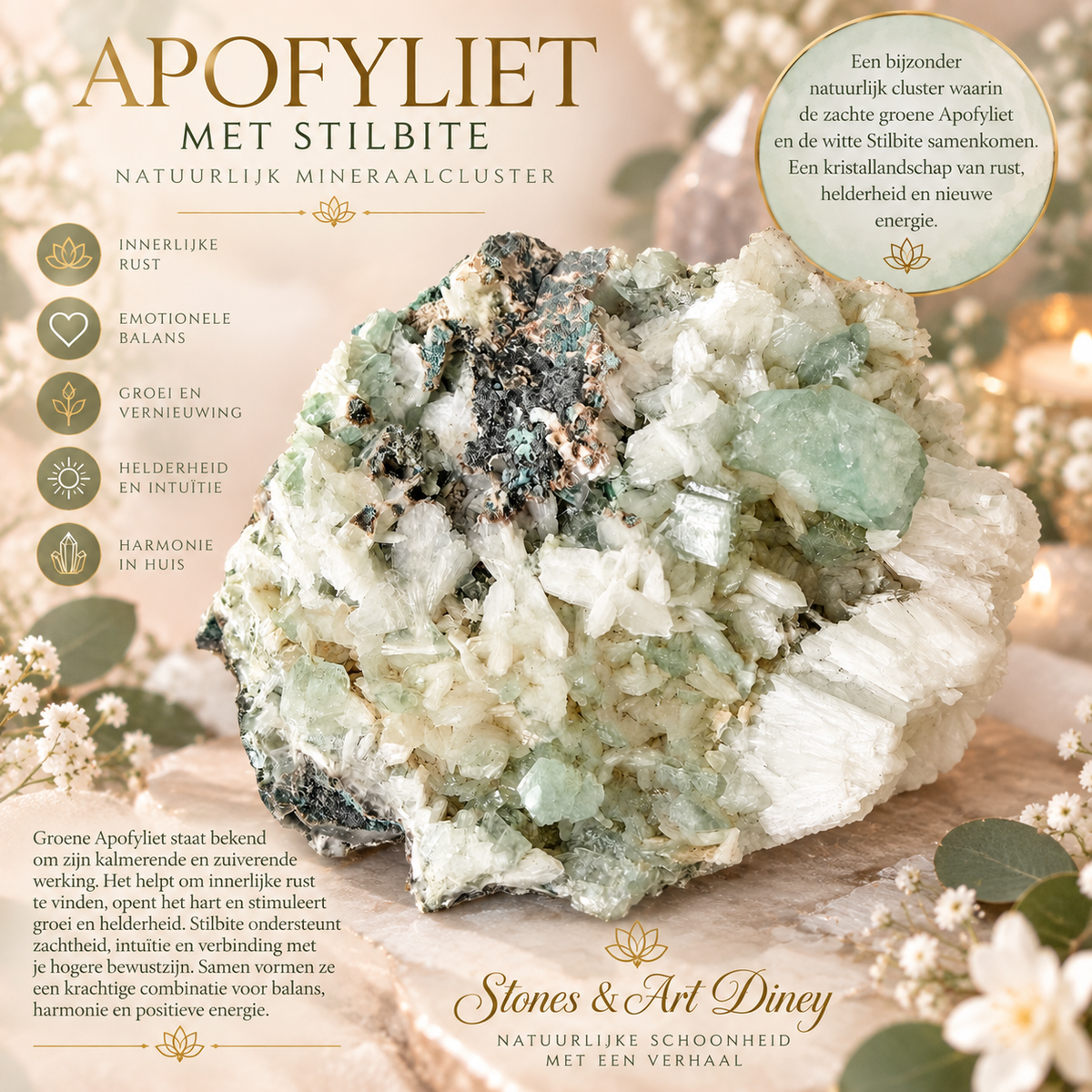 Apofylliet (groene) met Stilbiet en soms Heulandiet (Hieros Gamos)
