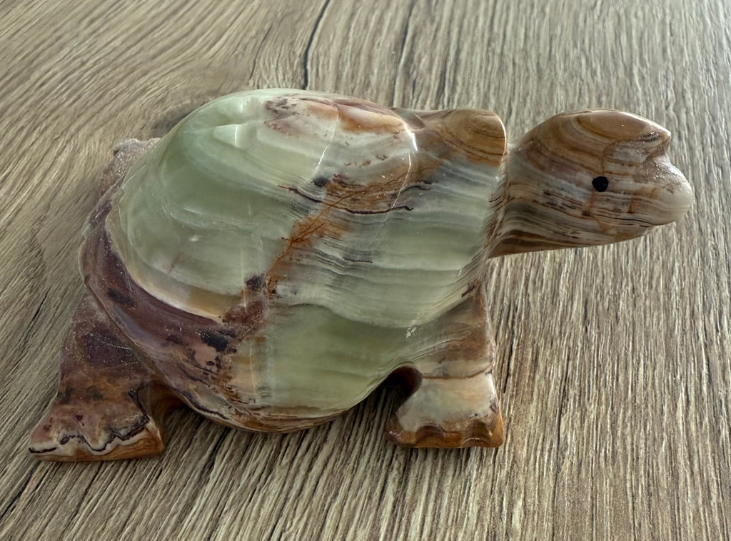Handgesneden schildpad van Pakistaans onyxmarmer – gebandeerde calciet/aragoniet