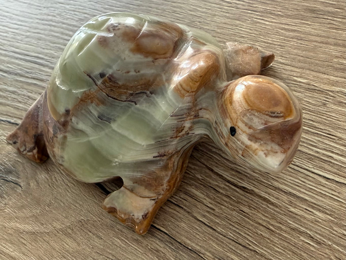 Handgesneden schildpad van Pakistaans onyxmarmer – gebandeerde calciet/aragoniet