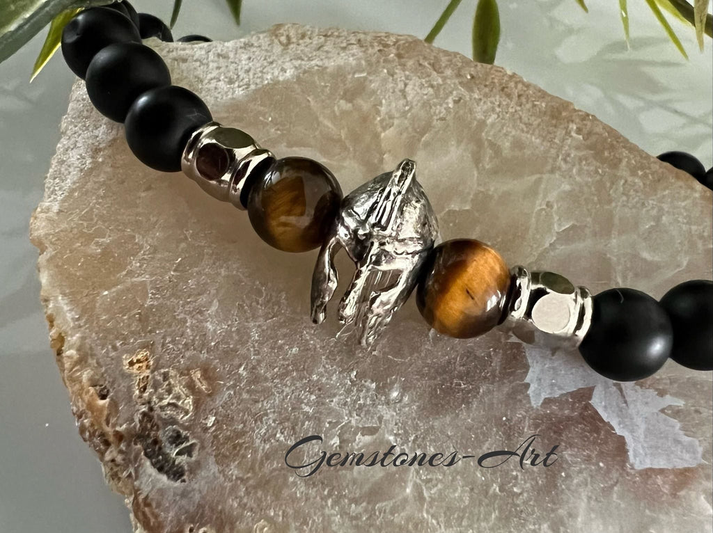 Heren armband - agaat / tijgeroog / stalen tussenbeads / Spartaanse helm (handmade) image 1