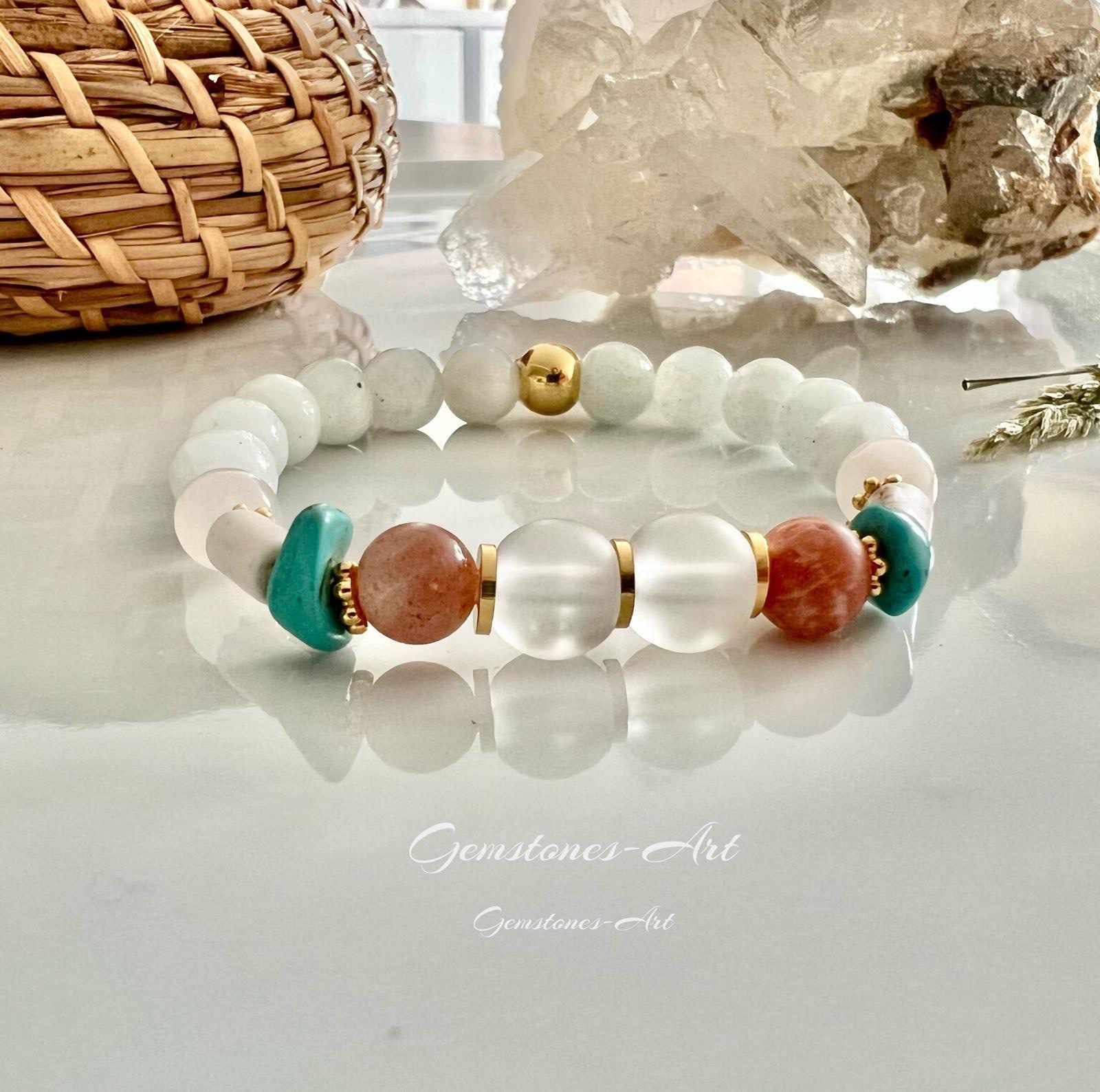 Armband / seleniet / bergkristal / zonnensteen /vergulde kraal - (handmade) image 0