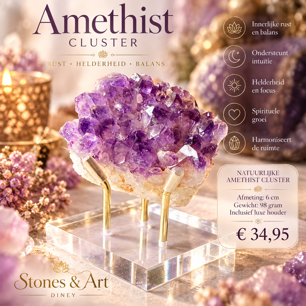 Natuurlijke Amethist Cluster op luxe transparante edelsteenhouder
