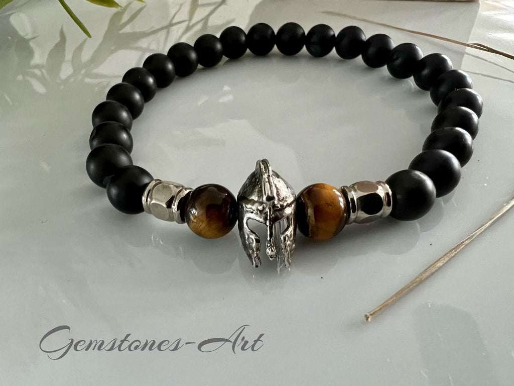 Heren armband - agaat / tijgeroog / stalen tussenbeads / Spartaanse helm (handmade) image 0