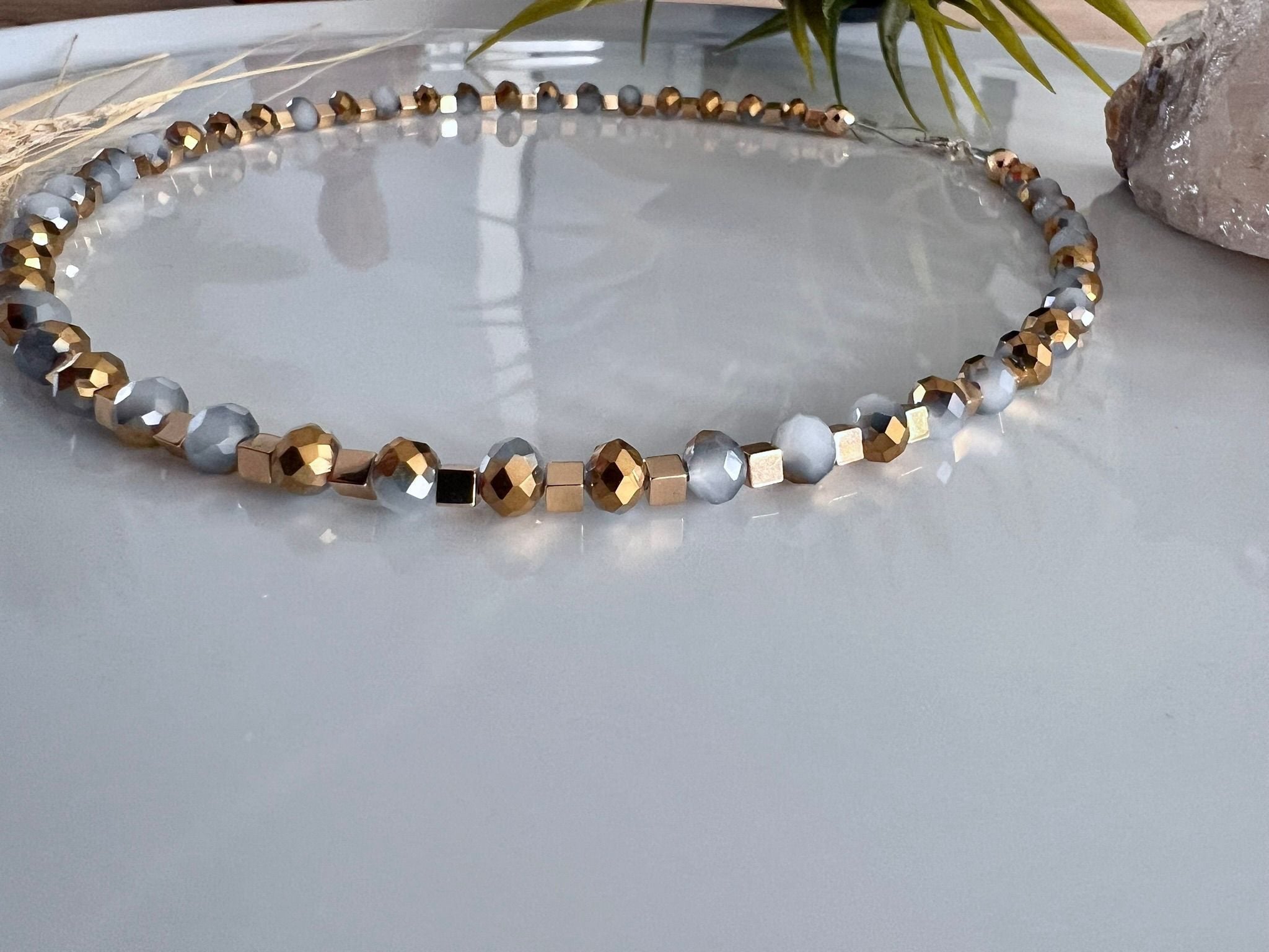 Dames ketting Czech Glaskraal goud/lichtgrijs ( Handmade) image 0