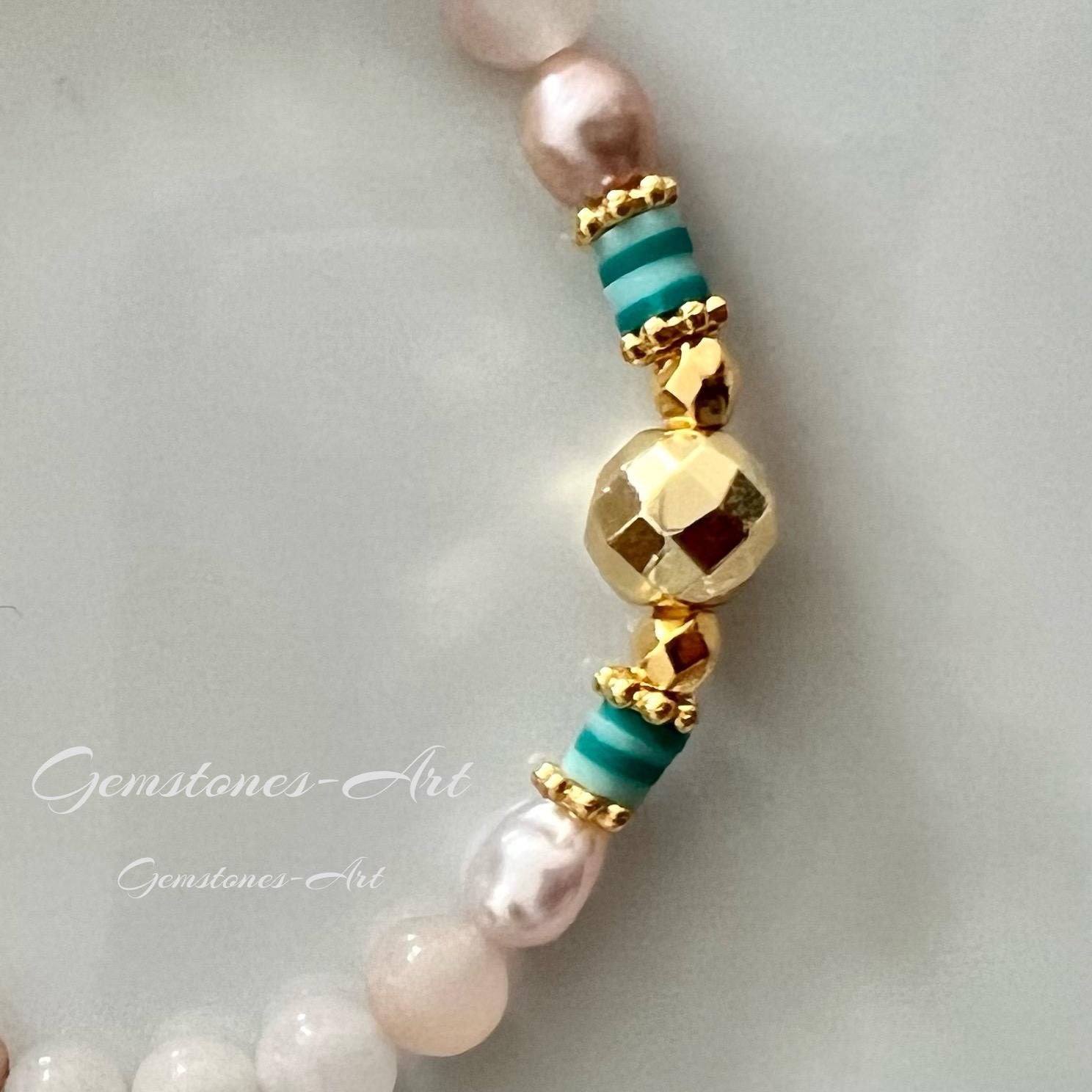 Armband  / witte jade / zoetwaterparel / vergulde facet kralen -(handmade) image 1