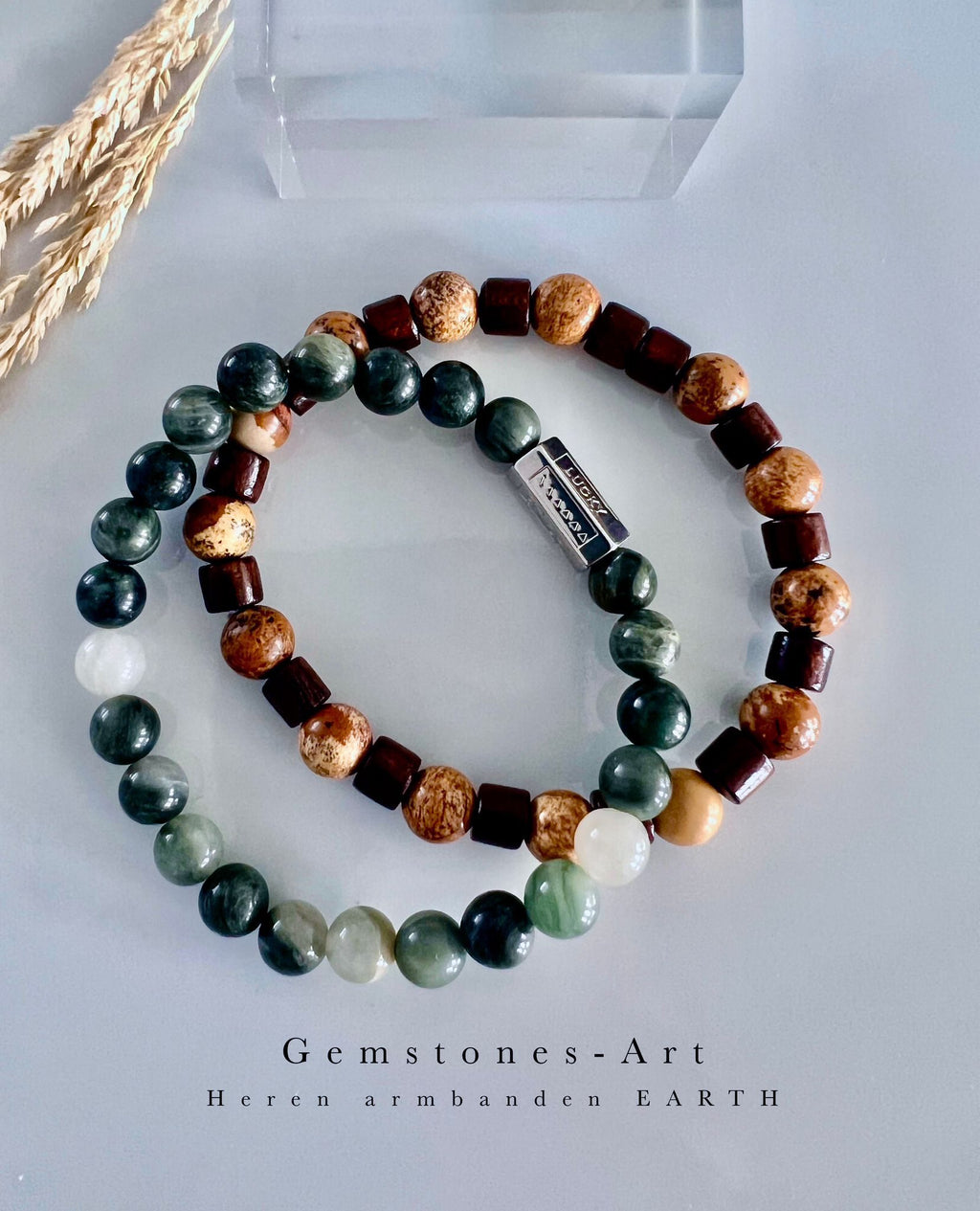 Twee Heren armbanden Groene Jaspis / picture Jaspis image 2