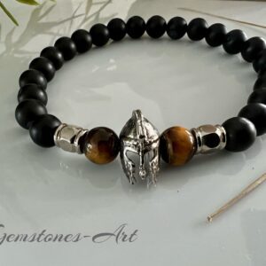 Heren armband - agaat / tijgeroog / stalen tussenbeads / Spartaanse helm (handmade)