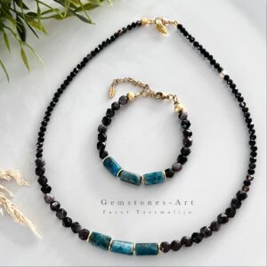 Dames halsketting zwart toermalijn/ apatite